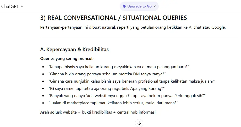 Contoh pertanyaan panjang dan natural dari pengguna kepada AI chatbot, menggambarkan kompleksitas intent dalam riset keyword